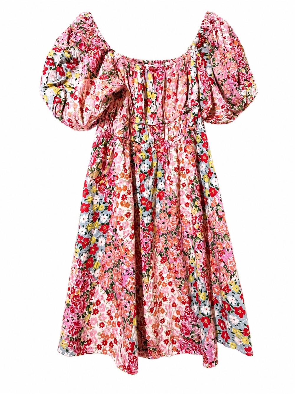 Angie Floral Puff-Sleeve Mini Dress in Pink, Red, Blue